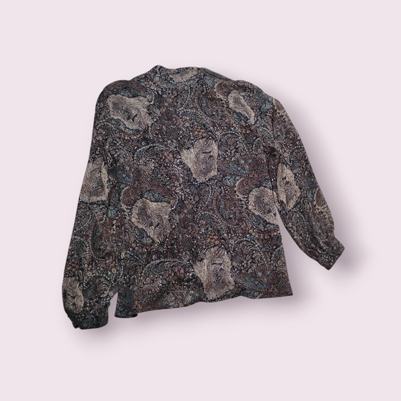 breckenridge Sheer Brown Lion Print Paisley Ruffle Neck Blouse - Picture 4 of 7